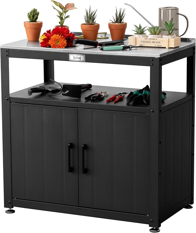 Garden Potting Bench with Storage Cabinet,Outdoor Gardening Table & Work Bench for Plants, Horticulture,Outdoor Workstation with Stainless Steel Tabletop,Outdoor Work Table