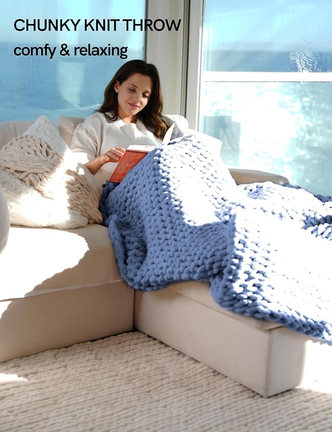 YnM Chunky Throw Blanket, Medium-Weight, Hand Knitted with Chenille Yarn, Skin Friendly, Ventilated and Breathable, Machine Washable, Home Décor Piece for Couch Sofa and Bed (Chambray Blue 40x50 Inch)