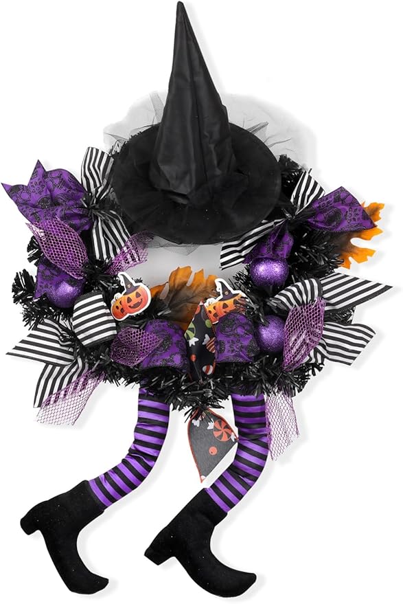 Happy Halloween Wreath for Front Door Decoration with Skeleton Artificial Bone Orange Ornaments Maple Leaf for Party Decor (Halloween Purple)