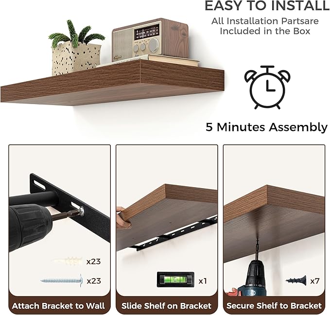 Floating Shelves - 2 Large Wall Mounted Shelves with Invisible Brackets, Long Walnut Wood Floating Wall Shelf for Living Room, Bedroom, Kitchen (48" W x 9" D x 1.5" H)
