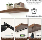Floating Shelves - 2 Large Wall Mounted Shelves with Invisible Brackets, Long Walnut Wood Floating Wall Shelf for Living Room, Bedroom, Kitchen (48" W x 9" D x 1.5" H)