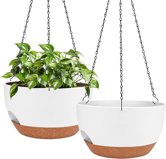 Hanging Planters for Outdoor Indoor Plants, 2 Pack 12 Inch Hanging Basket Plants Outdoor, Self Watering Hanging Planter with Plant Hanger for Garden Home Decoration (White)