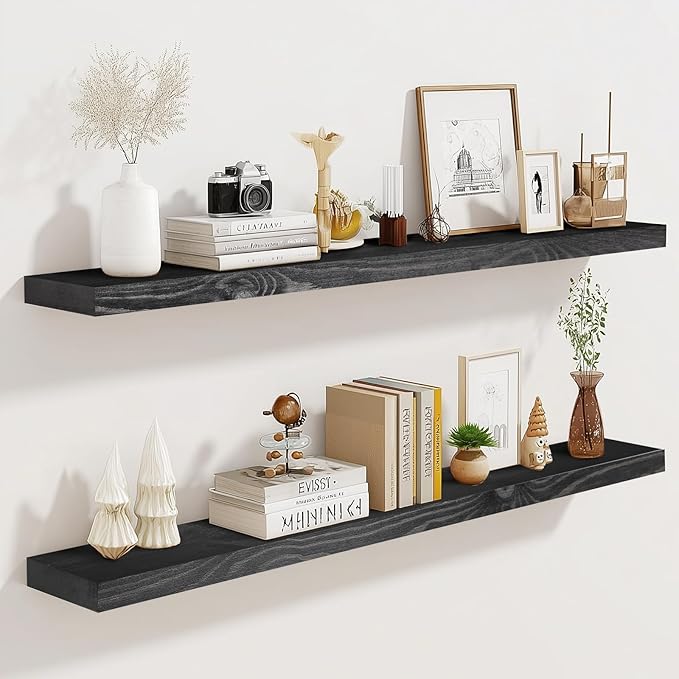 36"x6.8"x1.2" Solid Wood Floating Shelves 2-Pack - Rustic Black Finish with Hidden Brackets, Perfect for Storage and Décor in Living Room, Kitchen, Bedroom