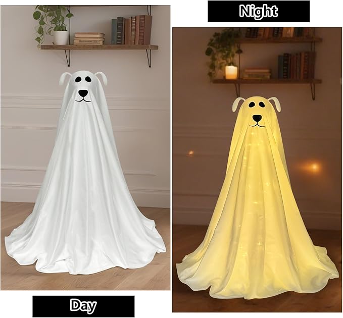 DAZONGE Halloween Decorations, Light-Up Freestanding Spooky Ghost Dog with Remote String Lights Battery Operated, Halloween Ghost Dog for Front Door Porch Yard Lawn Home Party