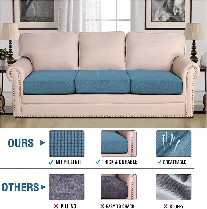 H.VERSAILTEX Super Stretch Individual Seat Cushion Covers - Sofa & Couch Cushion Slipcover Sets - Thick Jacquard Textured Twill Fabric (3 Piece XL Sofa Cushion Covers, Dusty Blue)