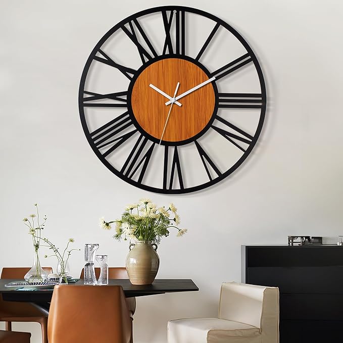 LEIKE 32" Oversized Large Wall Clocks,Silent,Non Ticking,Battery Operated Modern Round Big Wood Decorative Metal Wall Clock for Living Room, Bedroom,Kitchen,Farmhouse,Office Decor - Black,32 Inch