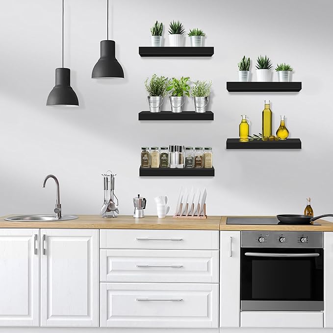 Sorbus Floating Shelves for Wall, Bathroom Shelves Wall Mounted for Kitchen, Bedroom, Living Room, Bathroom Storage, Over Toilet, Hanging Book Shelf for Ｗall Home Decor (Black, 5 Pack)
