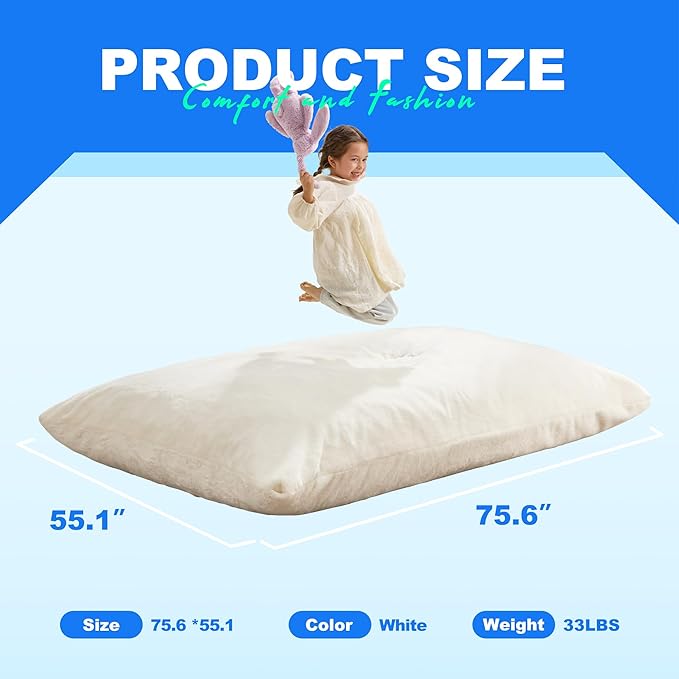 Hobestluk 3 in 1 Bean Bag Chair Giant Bean Bag Chairs for Adults with Plush Faux Fur Cover Convertible Bean Bag Floor Cushion with Machine Washable Cover for Living Room (Plush White)