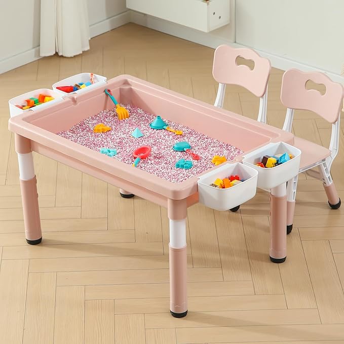 Multi Functional Kids Table and 2 Chairs Set, Graffiti & Building Blocks Double-Sided Tabletop, Toddler Play Table with Drawers, Large Storage Space, Gift for Boys/Girls, Pink