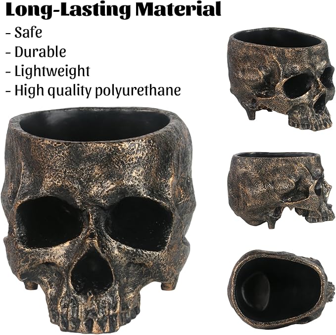 GameXcel Halloween Skull Candy Dish - Large Skull Candy Bowl for Trick or Treat - Skeleton Head Treat Container Planter or Desktop Halloween Decor - Bronze Resin
