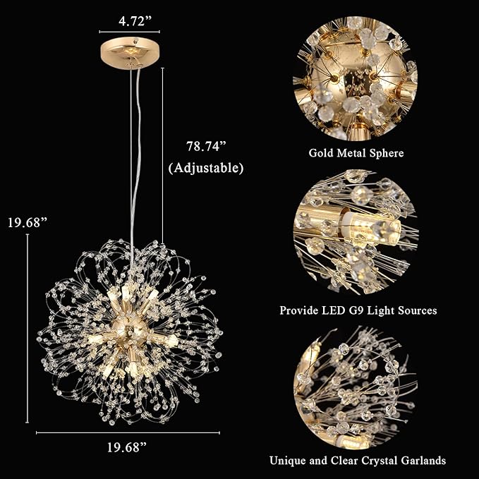Modern Sputnik Chandeliers for Dining Room, Gold Dandelion Ceiling Hanging Lamp, Round Crystal Beaded Pendant Lights for Bedroom Living Room Farmhouse Kitchen Island (Gold 9Lights)