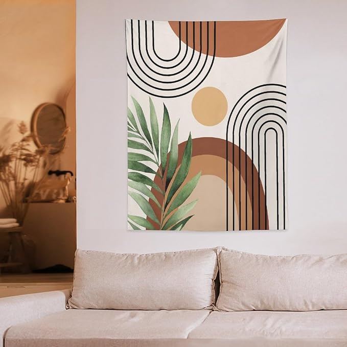 Abstract Bohemian Mid Century Tapestry, Tropical Leaves Modern Geometric Archway Minimalist Bohemian Botanical Aesthetic Wall Hanging, Sage Green Gold Home Decor Art for Bedroom 60x60 Inch
