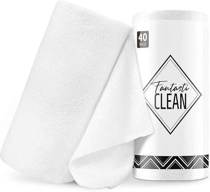 Fantasticlean Microfiber Cleaning Cloth Roll -40 Pack, Tear Away Microfiber Towels, 12" x 12", Reusable, Washable, Scratch Free, Ultra Absorbent Dish Rags for Car, Home, Garage or Shop (White)