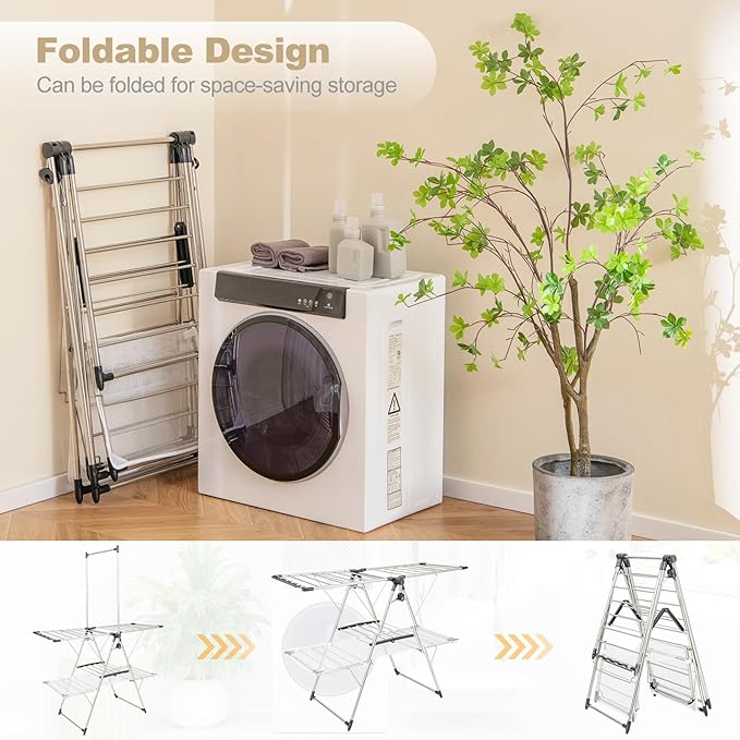 Tangkula Foldable Clothes Drying Rack, 2-Tier Laundry Drying Rack w/Tall Hanging Bar, Height Adjustable Gullwing, Freestanding Garment Stand for Indoor Outdoor Use