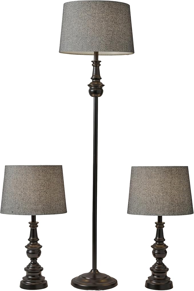 Adesso 3-Piece Lamp Set: Two Table Lamps & One Floor Lamp – Bronze Finished Base, Dark Herringbone Shade, Stylish and Cohesive Lighting for Any Space