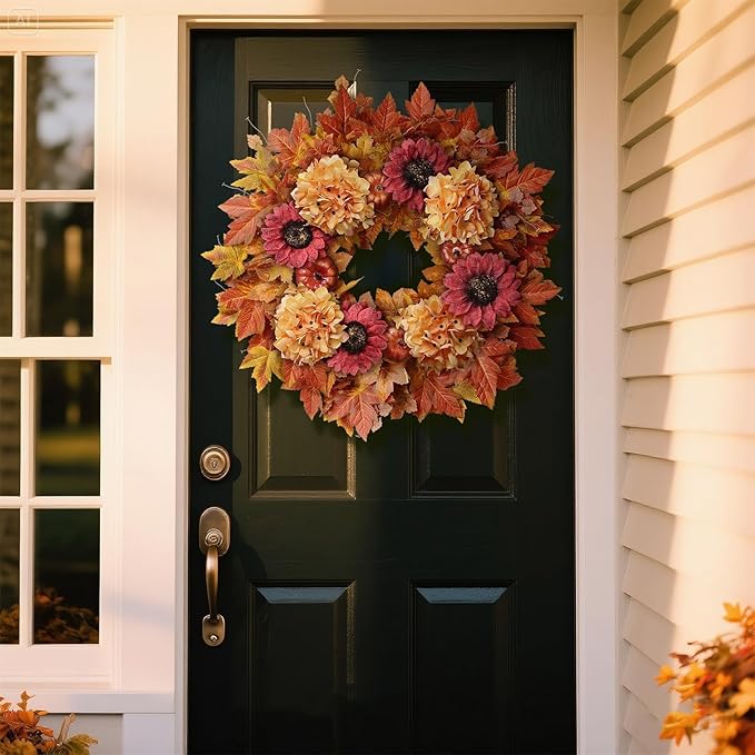 28'' Large Fall Wreath for Front Door, Porch, Window- Artificial Maple Leaves Faux Sunflower Hydrangea Pumpkins Outdoor Autumn Wreath for Home, Farmhouse Wall Thanksgiving Day Harvest Festival Decor