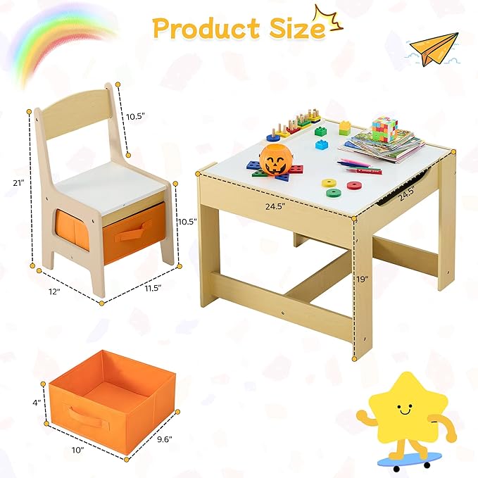 Kids Table and Chair Set, 3 in 1 Wooden Activity Table with Detachable Tabletop, Toddler Table and Chair Set with Storage Drawer, Kids Play Table for Children Art, Craft, Eating, Learning