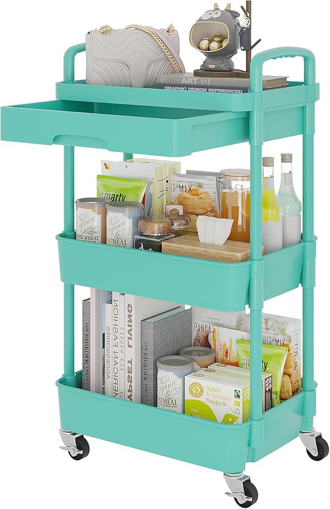 Calmootey 3-Tier Rolling Utility Cart with Drawer,Multifunctional Storage Organizer with Plastic Shelf & Metal Wheel,Storage Cart for Kitchen,Bathroom,Living Room,Office,Green