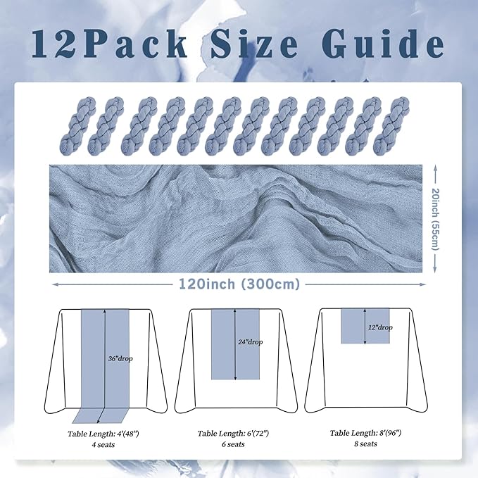 12 Pack Dusty Blue 10FT Cheesecloth Table Runner Rustic Gauze Fabric Cheese Cloth Table Runner for Wedding Bridal Baby Shower Table Decor 20 x 120 Inch Long Boho Sheer Birthday Party Table Decorations