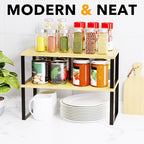 SpaceAid Cabinet Shelf Organizers 2 Pack, Kitchen Counter Rack Shelves Riser, Stackable Expandable Spice Rack, Pantry Cupboard Storage Organization (Black and Natural, Long)