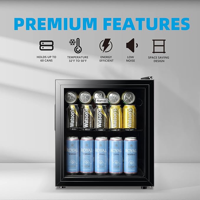 WANAI Mini Fridge Cooler 60Cans Beverage Refrigerator Glass Door Beverage Cooler for Beers Wine Juicer Adjustable Shelves LED Lights for Home, Office or Bar
