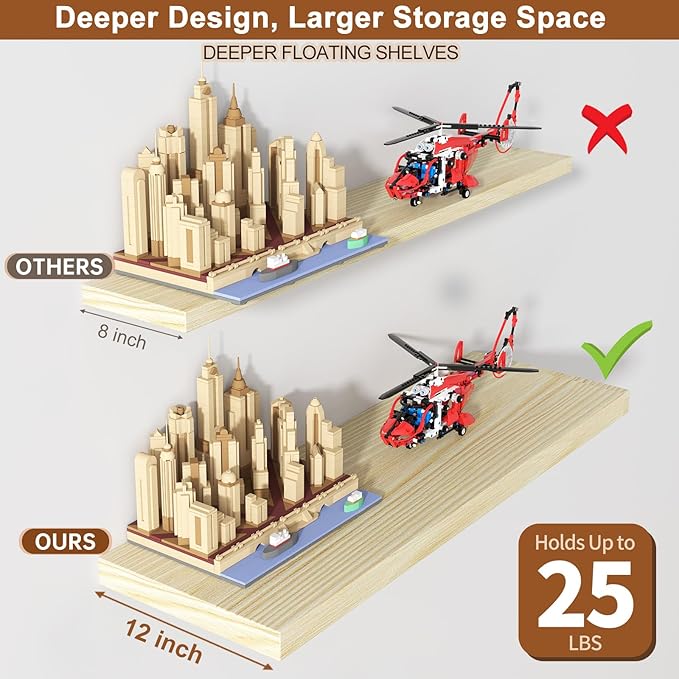 48 Inch Floating Shelf 1 Pack Large Floating Shelves for Wall No Drilling Accessories Included Deep Wall Shelves for Living Room Kitchen Farmhouse 48" W x 12" D x 1.2" Oak