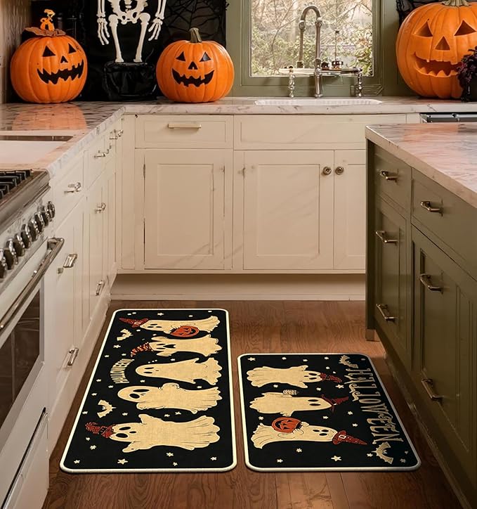 Halloween Kitchen Mat Set of 2, Pumpkin Ghost Bat Halloween Kitchen Decor, Halloween Rug for Floor, Indoor Spooky Home Decor with Non-Slip Backing,17 x 29 Inch & 17 x 47 Inch
