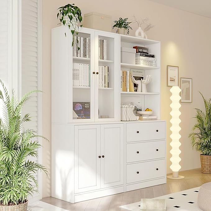 TUSY 71" Bookshelf Bookcase, 3-Tier Modern Bookshelves 3 Large Drawer, Wood Filing Cabinet with Open Storage Shelf, Glass Doors 5-Tier Fixed Storage Shelves for Home Office