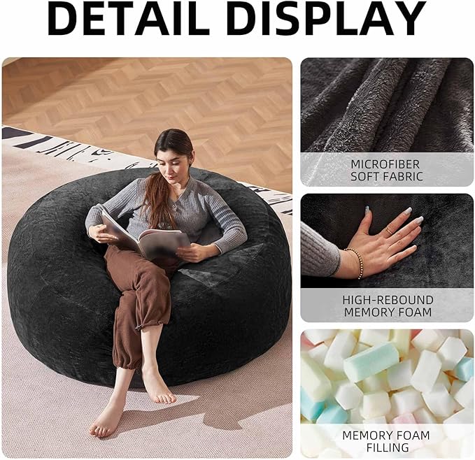 Bean Bag Chair 4Ft, Memory Foam Filled, Large Beanbag Chairs for Adults and Teens, Soft Sofa with Removable Flannel Cover, Round Couch for Living Room Bedroom College Dorm (Black, 4FT-47×47"×24")