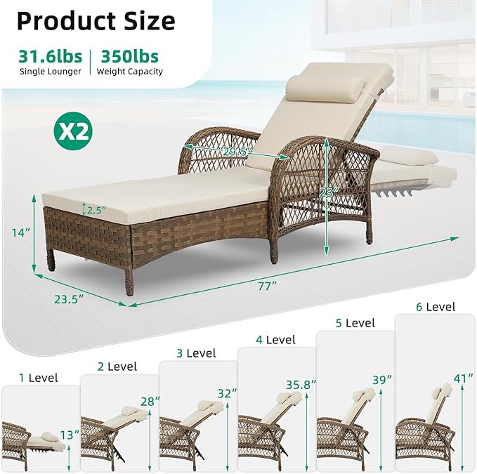 VIVIJASON Outdoor Wicker Chaise Lounge Chair Set of 2, All-Weather PE Rattan Cushioned Patio Lounger Chairs, 6-Position Adjustable Outside Pool Sunbathing Recliner with Armrest & Pillow, Beige