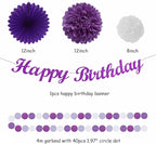 Purple White Birthday Party-Decorations Paper-Flowers - 14pcs Happy Banner Lavender Lanterns Tissue Pom Poms,Lilac Streamers Garland Fans,Women Girls Adult Kids Office Hanging Supplies Decor Hugfond