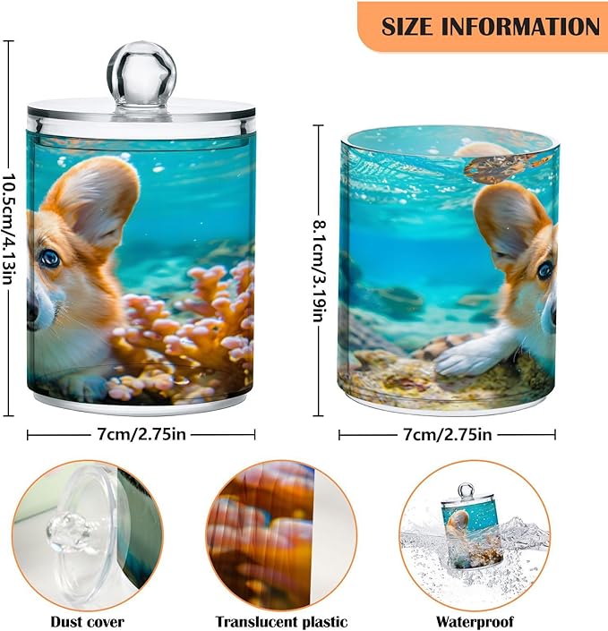 2 Pack Qtip Holder Organizer Dispenser Corgi Dog Underwater Bathroom Storage Canister Cotton Ball Holder Container for Cotton Pads/Swabs/Floss