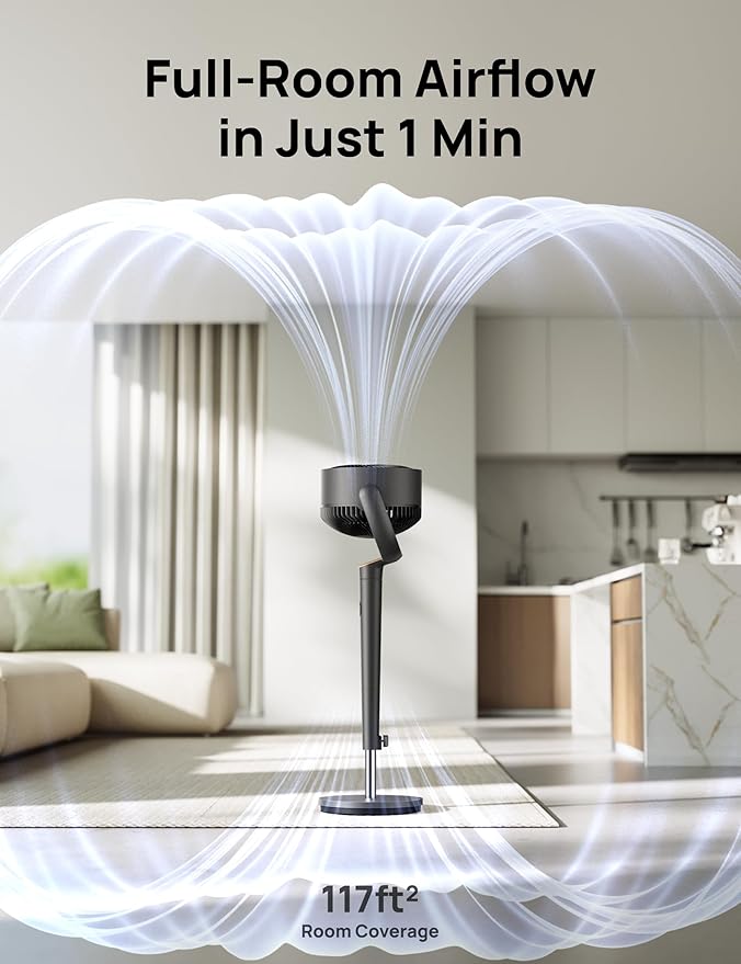 Dreo Fan for Bedroom, 120° Oscillating Standing Fans, Quiet Floor Fan with DC Motor, 100ft Pedestal Fans for Room, 9 Speeds, 4 modes, 20dB, 120° Manual Vertical, 37-42" Adjustable Height, 9H Timer