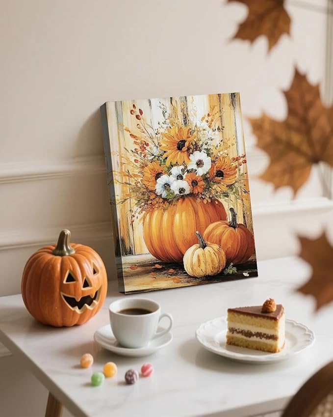 Rustic Autumn Fall Floral Pumpkin Wall Art Decor, Fall Floral Botanical Print for Thanksgiving Decorations, Autumn Wall Art Print for Farmhouse Living Room Bedroom Fall Decor, Ready to Hang