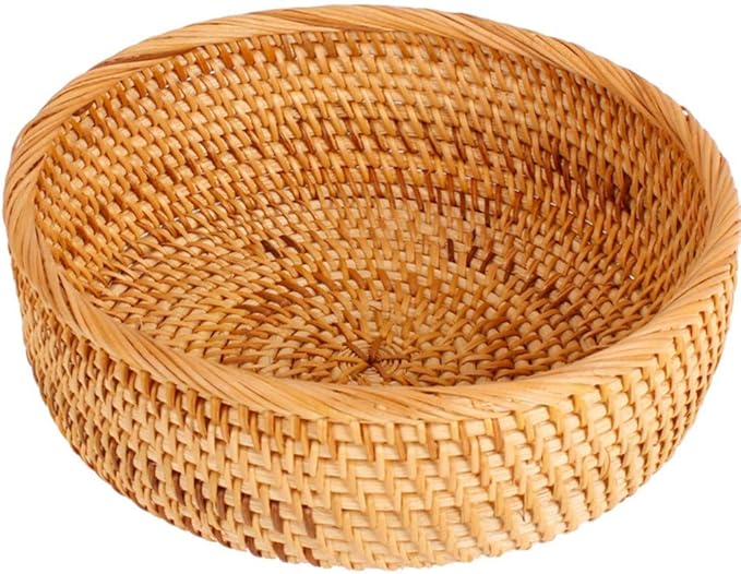 Hadewoven Round Rattan Fruit Basket Wicker Food Tray Weaving Storage Holder Dinning Room Bowl, 9 Inch Woven Bread Basket Key Bowls with 3.5”Wall for Table, Countertop (Medium 8.66")