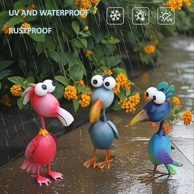 Kircust Outdoor Metal Bird Yard, Garden Decor for Outside Flamingo/Peacock/Pelican Decorations Art Statues, Lawn Ornaments for Courtyard, Patio, Backyard, Porch, Set of 3