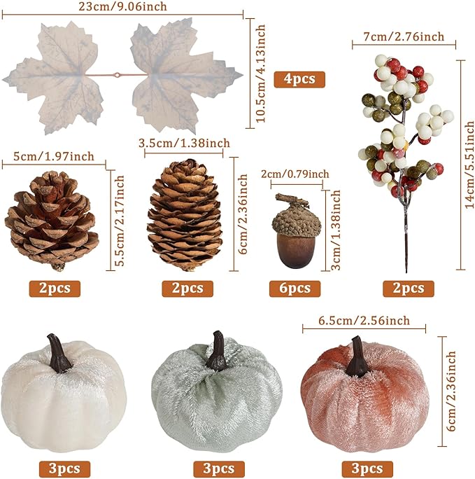 Artmag 25 PCS Pumpkin Decor Set, Artificial Fabric Pumpkins Decor with Acorns, Pinecones, Berries, Maple Leaves for Fall Halloween Thanksgiving Decorations Home Table