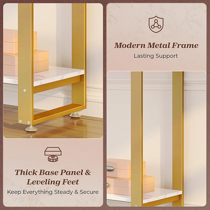 Huuger 47.2 Inch Entryway Table with Marble Top, 2-Tier Modern Console Sofa Table with Storage, Accent Table, for Entry, Hallway, Entrance, Foyer, T-Shaped Metal Frame, White Marble & Gold