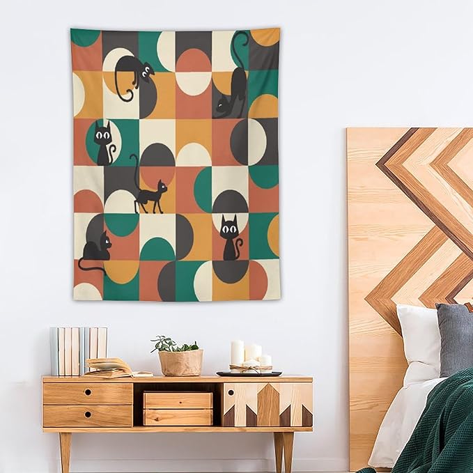 ICMOLYYENLO Boho Medieval Cat Tapestry, Abstract Atomic Starburst Geometric Aesthetic Art Wall Hanging For Bedroom Living Room Dormitory 60x80 Inches