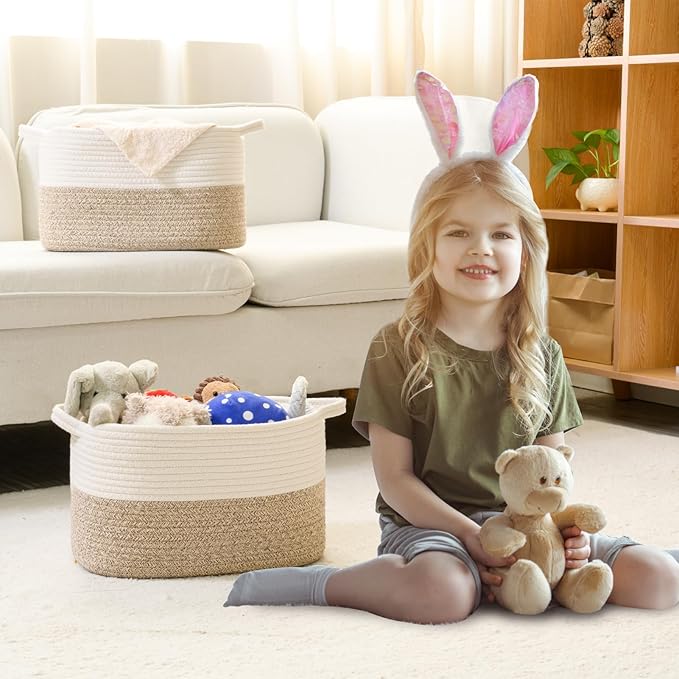 Cotton Rope Woven Storage Basket, Used for Baby Hamper Toy Organizer, Gift Baskets Empty,Kids Laundry Basket,Baby Blanket Basket. Size 15x10x8.7 Inches. (White&Brown-3PCS)