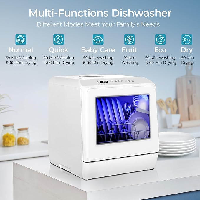 EUHOMY Portable Dishwasher Countertop Dishwasher, Mini Dishwasher Countertop with 5L Built-in Water Tank with 6 Modes, White, Table top dish washer with Baby Care for Apartment & RVs, No Hookup Needed