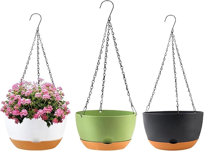 10 inch Hanging Planters for Indoor Outdoor Plants with Self-Watering Pots, 3 Pack Plastic Hanging Basket with Removable Tray for Home Garden Porch Balcony Patio Decor(White+Black+Green)
