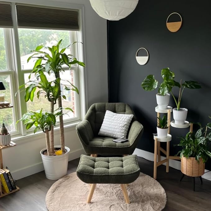 Green Sherpa Accent Chair with Ottoman ，Modern Reading Chair with Ottoman Set, Comfy Fuzzy Armchair Living Room Chair Lounge Chair with Wood Legs for Small Spaces Bedroom Apartment