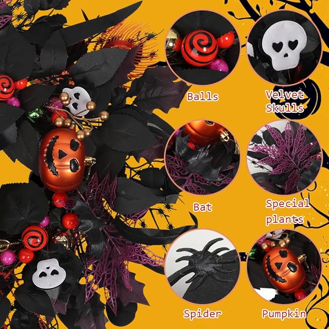 24" Glitter Halloween Wreath Outdoor - Sparkly Balls, Skulls, Bat, Skeleton, Pumpkin on Black Twig | Front Door Outside Goth Decor for Spooky Night
