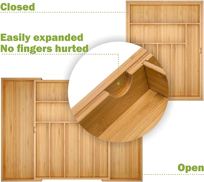 BAMEOS drawer organizer flatware organizer cutlery tray silverware organizer expandable adjustable bamboo drawer organizer kitchen bathroom