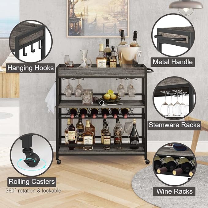 BON AUGURE Bar Cart, Home Bar Serving Cart on Wheels, Mobile 3 Tier Liquor Beverage Carts with Wine Rack and Glass Holder (Grey Oak)