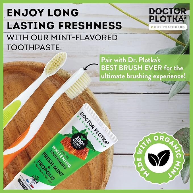 MOUTHWATCHERS Whitening Fluoride Free Naturally Sourced Toothpaste, 2 Tubes, 3 oz Each, for Sensitive Teeth and Gums, Fresh Organic Mint and Organic Propolis, by Dr. Plotka's