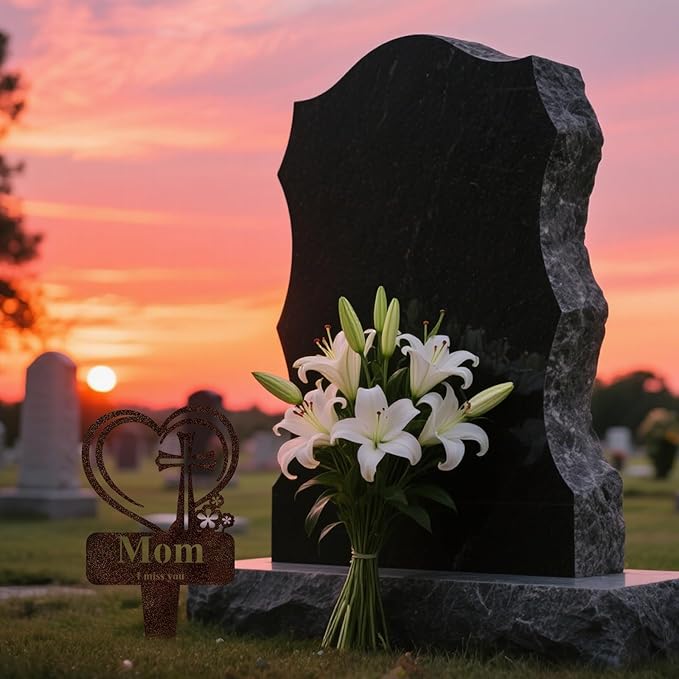 Mom Memorial Grave Stake, Cemetery Decorations for Grave Markers 12.5 x 7.2 inch Heart Metal Sympathy Stakes Graveside Plaque Decor Sign for Mother Graves, Yard, Garden - Rust-Mom