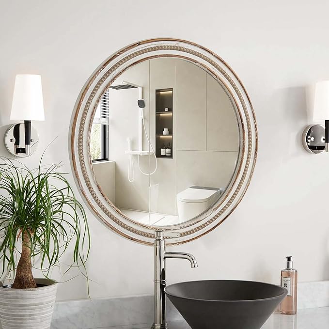 24 Inch Round Mirror - Distressed Vintage Farmhouse Mirror for Bathroom Wall, Living Room, Bedroom & Entryway, Handmade Wood Frame
