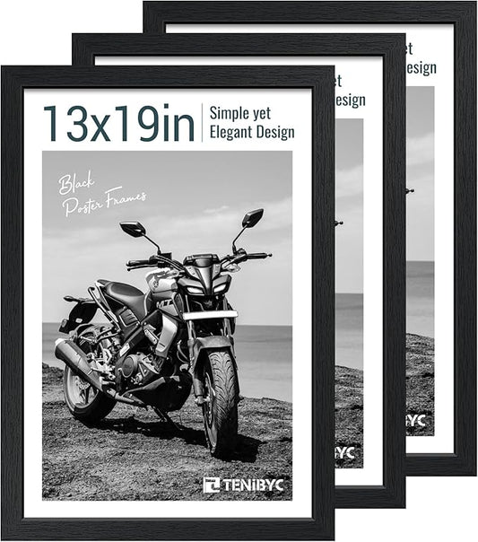 13x19 Picture Frame 3 pk, Textured Black Solid Wood Poster Frame, HD Tempered Glass, Wall Gallery Frame